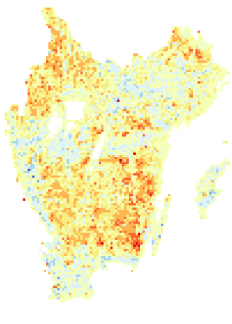 Andelen öppen gräsmark minskade i de flesta landskap i södra Sverige (gula till röda toner) medans d