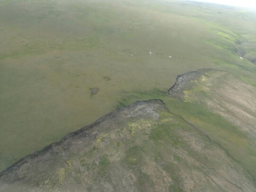 Arktiskt landskap på Herschel Island med olika slags tundratyper. Längst upp till vä. syns en iskil