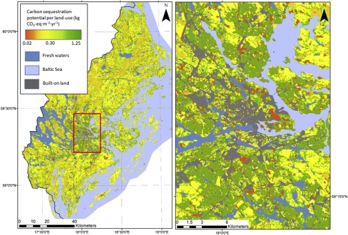 Maps showing the carbon sequestration potential of terrestrial land cover in Stockholm County (left)